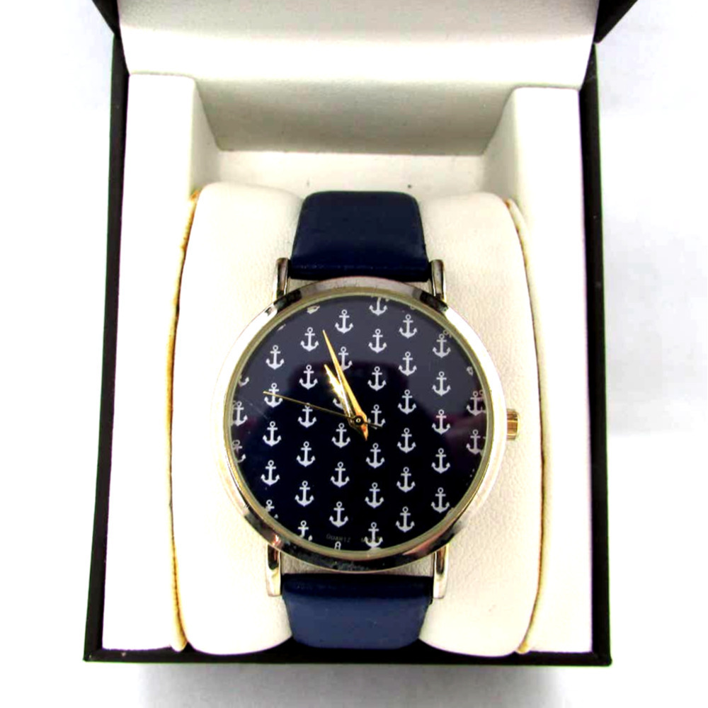 Geneva Platinum Watch Nautical Pattern Leather